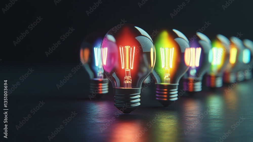 Poster colorful glowing light bulbs in a row with reflections on a dark surface creating a vibrant and ener