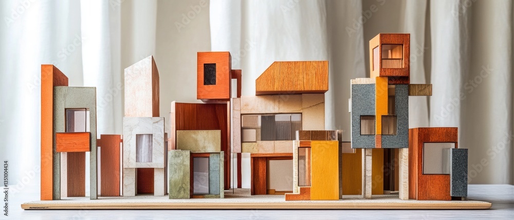 Poster contemporary architectural models display on wooden base with colorful blocks and geometric shapes u