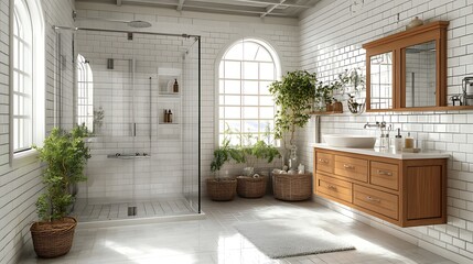 Modern bathroom interior with plants, shower, window, and sunlight creating a relaxing atmosphere