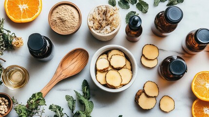 The marble countertop is filled with orange slices, mint leaves, medicine bottles and sliced ​​herbs, with wooden spoons dotted around, creating a visual scene of natural herbal health therapy.