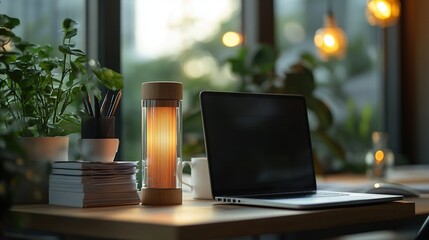 The warm light wooden desk lamp lights up the desktop, and the laptop, green plants, pen holders and books are displayed in an orderly manner, creating a warm and comfortable modern office scene