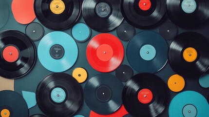 Colorful Collection of Vintage Vinyl Records Displayed on a Surface in an Artistic Arrangement with Different Sizes and Colors That Evoke Nostalgic Feelings