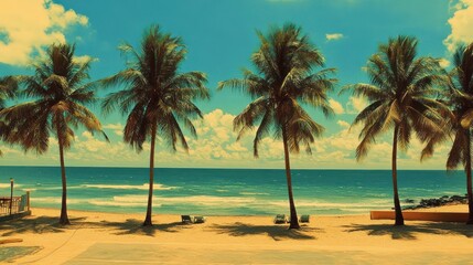 Obraz premium Tropical beach panorama, palm trees, ocean, sunny sky, vacation