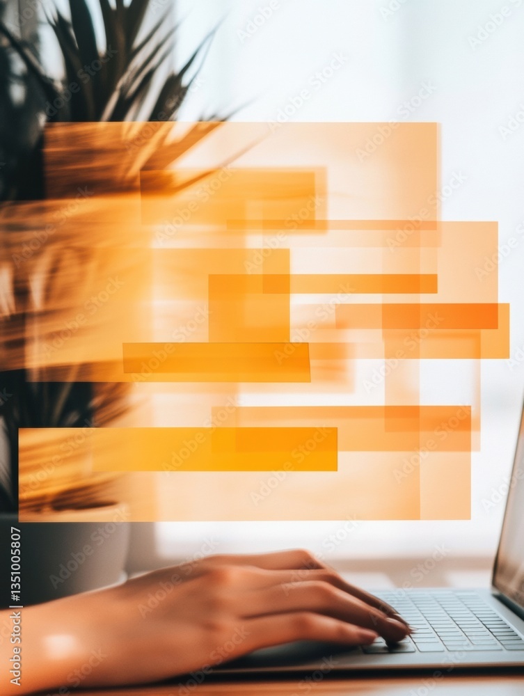 Poster Dynamic Digital Workflow Minimalist Workspace Visualization with Translucent Orange Productivity Layers - Next-Gen Business Intelligence and Seamless Remote Collaboration