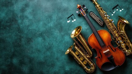 Naklejka premium Elegant Gold Saxophones Violin Musical Notes Green Background