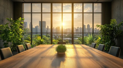 Obraz premium Modern Boardroom with Large Wooden Table, Plants, and Glass Windows Overlooking the City