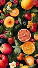 Colorful Assorted Fruits and Flowers Against a Dark Background