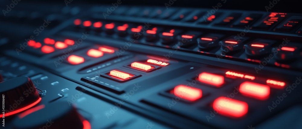 Poster close-up view of a modern audio mixer with illuminated controls and knobs for music production and s