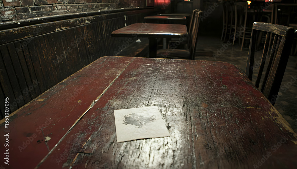 Aufkleber rustic wooden tables and chairs in a dimly lit bar setting. a napkin with a design rests on a table.