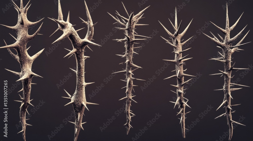 Poster highly detailed close-up of thorns with sharp edges and intricate textures ideal for nature and bota