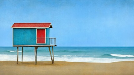 Coastal blue beach hut, red door, ocean waves, sandy shore, summer vacation