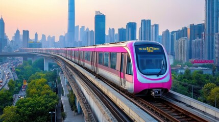Naklejka premium Elevated Train in Modern City Skyline
