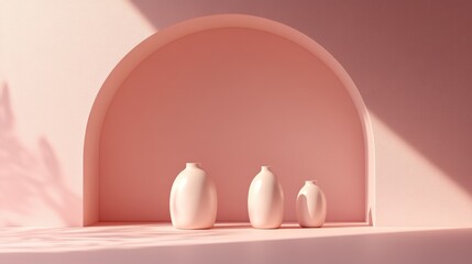 Fototapeta premium Minimalist Pink Room Setting with Vases, Sunlight, and Shadow
