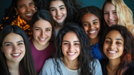 Fototapeta premium Diverse women smiling, group portrait, friendship, studio background, website banner