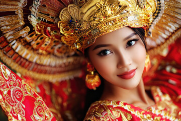 portrait of a beautiful Minangkabau woman wearing traditional Bundo Kanduang attire, golden suntiang headdress, red and gold songket, intricate patterns