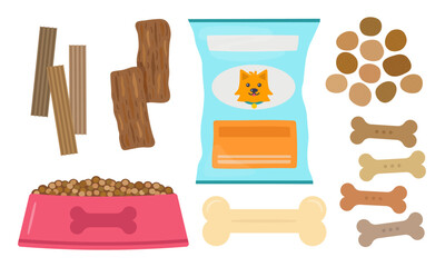 Dog Treats and Food Vector Illustration Set. Including packaged dog food, a bowl of kibble, individual kibble pieces, dental sticks, jerky treats, dog biscuits, and a chew bone.