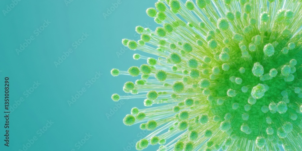 Poster biotech visualization microscopic green cellular structure revealing viral nano-dynamics in luminesc