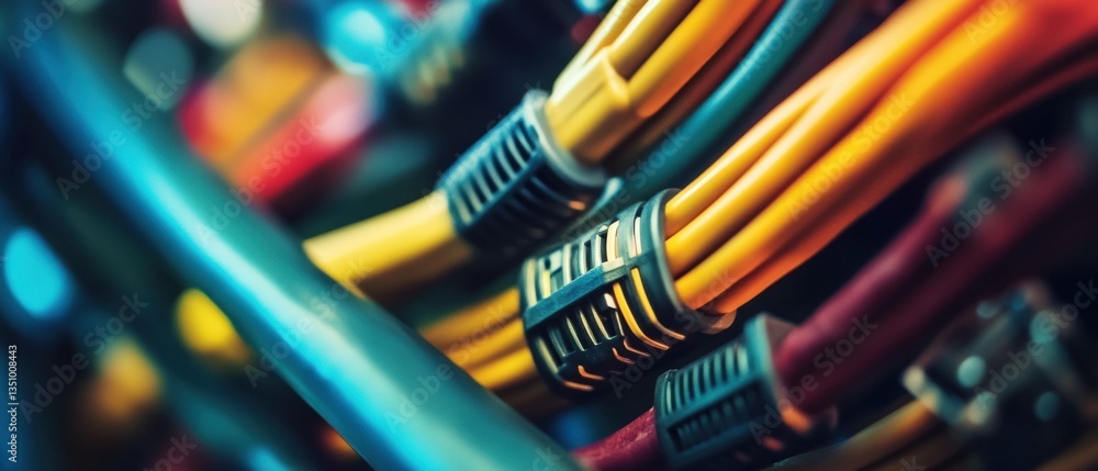 Poster close-up view of colorful electrical cables with connectors in an abstract composition for technolog