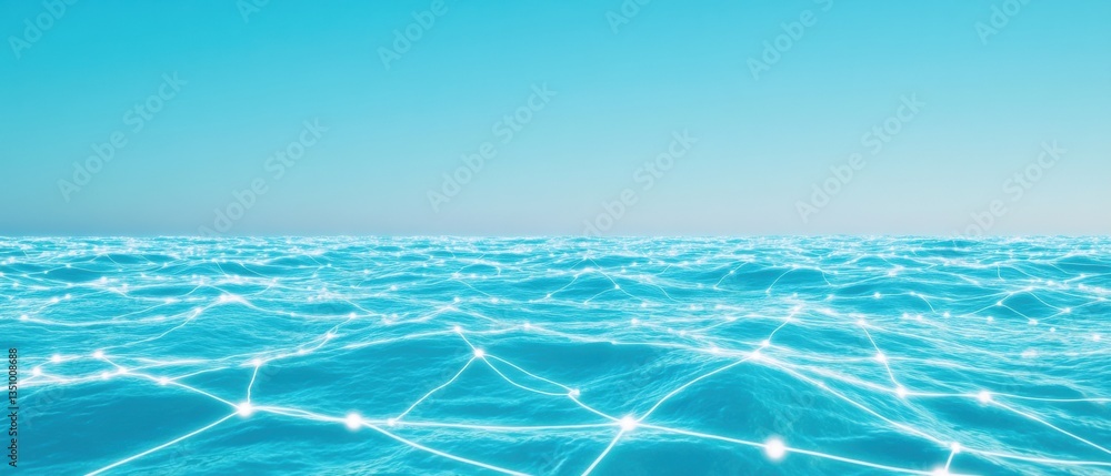 Poster Quantum Blue Futuristic Network Connectivity Visualization Merging Digital Infrastructure with Oceanic Fluid Dynamics - Innovative Tech Landscape