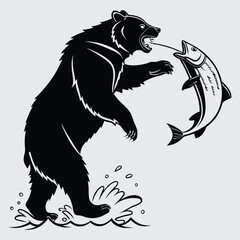 A  bear catching a fish mid-leap image silhouette design vector art and illustration