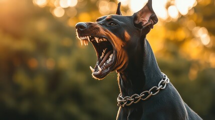 Doberman Pinscher barking outdoors sunset, nature background