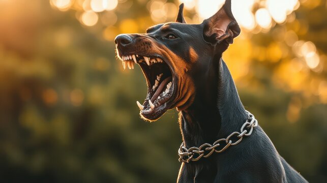 Doberman Pinscher barking outdoors sunset, nature background