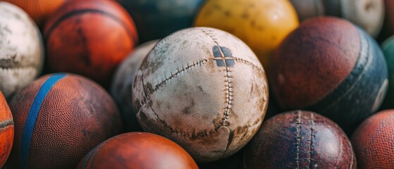 Collection of Vintage Sports Balls in Various Colors and Textures on a Surface for Retro Sports Theme, Athletic Nostalgia and Playful Vibe