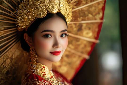 portrait of a beautiful Minangkabau woman wearing traditional Bundo Kanduang attire, golden suntiang headdress, red and gold songket, intricate patterns