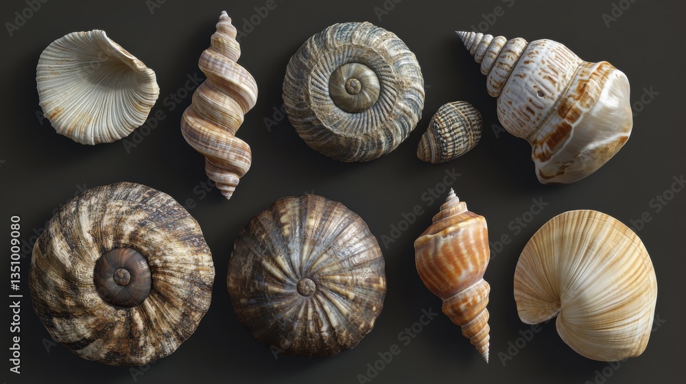 Poster a collection of beautiful seashells displayed on a dark background showcasing diverse shapes and pat