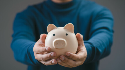 A person holding a piggy bank, symbolizing saving, finance, and investment. Ideal for concepts of money management and financial planning.