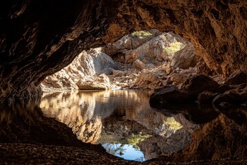 Serene Reflections in a Cave Pool Natural Rock