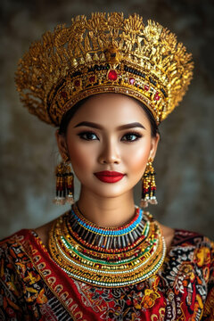 portrait of a beautiful Minangkabau woman wearing traditional Bundo Kanduang attire, golden suntiang headdress, red and gold songket, intricate patterns