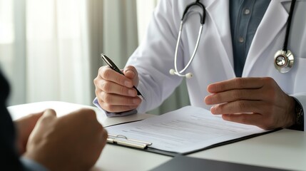 Doctor consulting patient, office, healthcare, paperwork, consultation