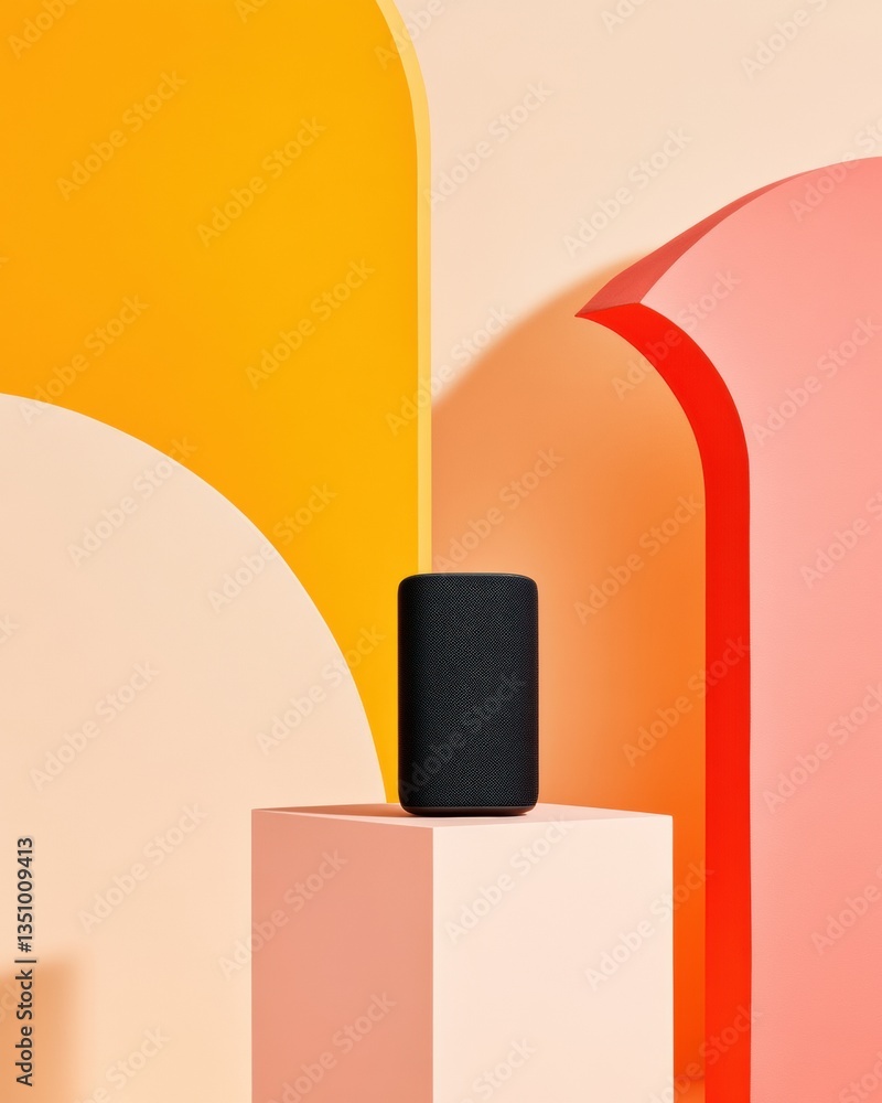Poster bold minimalist smart speaker design cutting-edge audio technology with geometric color block stylin