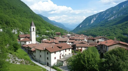 Italian village scenic view, mountains, church, valley, summer, travel, tourism, postcard