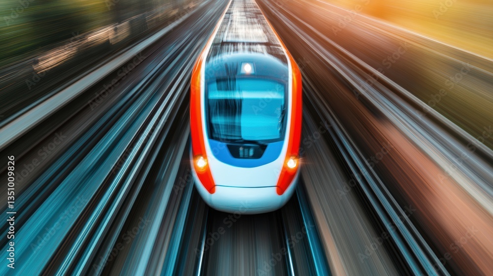 Poster future-forward sustainable transit high-speed rail innovation blending dynamic motion, clean technol