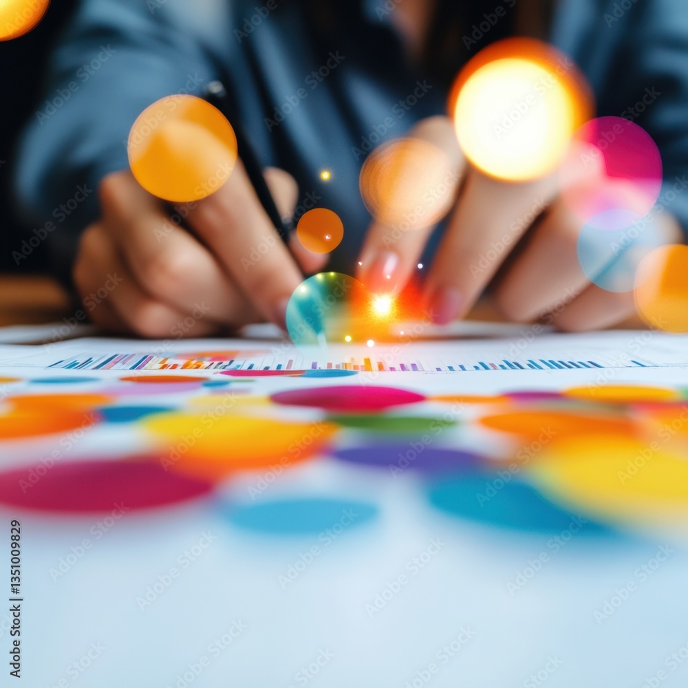 Poster Dynamic Financial Analytics Immersive Data Visualization with Vibrant Bokeh Effect - Innovative Business Intelligence for Next-Gen Strategic Decision Making