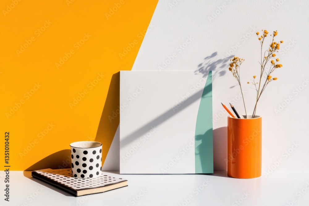 Poster minimalist workspace composition bold geometric color block styling with polka dot ceramic, dried fl
