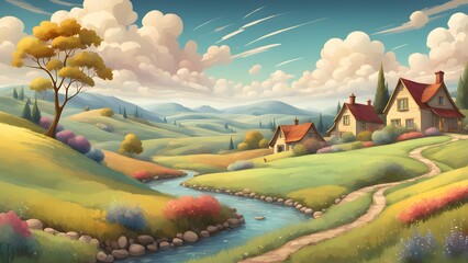 Picturesque illustration charming houses nestled a serene valley a gently flowing river winding path.