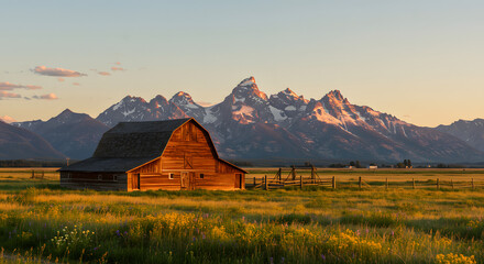Golden Summer Sunset Over a Red Barn in Rural Montana with Blurred Rocky Mountains

