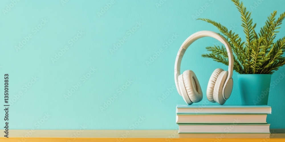 Poster mindful learning sanctuary minimalist study setup with wireless headphones and botanical accent - di