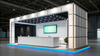 Obraz premium Modern illuminated conference booth mockup with screen in hall