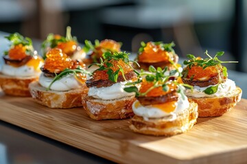 Gourmet bites on a rustic wooden board fine dining experience contemporary restaurant soft natural lighting close-up view culinary art