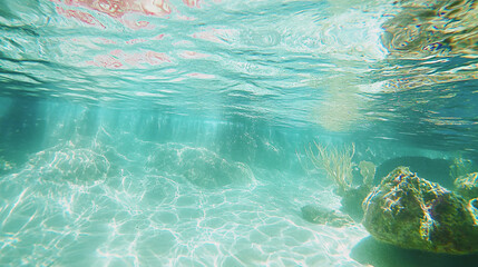Underwater rock formation surrounded by gentle rippling water, capturing the intricate details of nature's features beneath the surface.