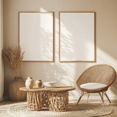 Bohemian living room with wicker chair, wooden coffee table, and blank frames.