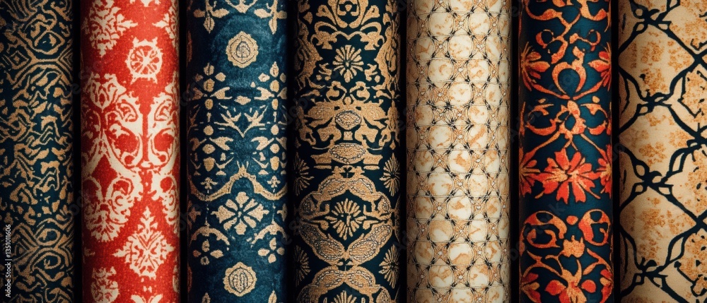 Poster vibrant textiles displaying intricate patterns in rich colors and diverse designs for decorative app
