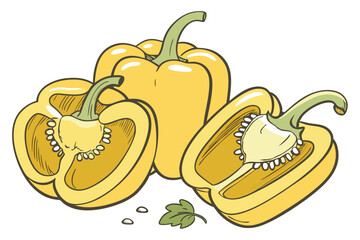 74 Yellow bell peppers, glossy skin, vibrant color, fresh produce, close-up, studio lighting, white background, high detail, photorealistic, food photography, culinary ingredients, healthy eating, veg