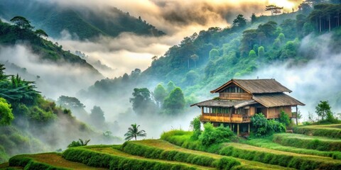 Fototapeta premium A traditional Hmong long house nestled among lush greenery and misty fog in a serene rural setting, with rolling hills and towering trees surrounding it , hong, rural