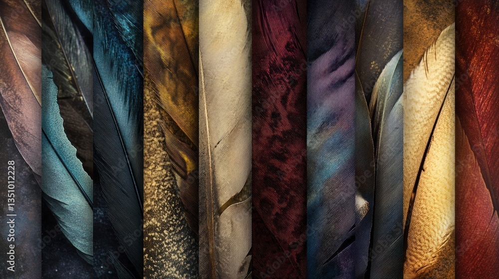 Poster colorful and textured bird feathers displayed in a collage showcasing natural patterns and vibrant h