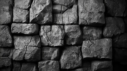 Fototapeta premium A black and white photo of a rock wall. The photo is of a large rock wall with a lot of texture and detail. The wall appears to be made of stone and has a rough, uneven surface
